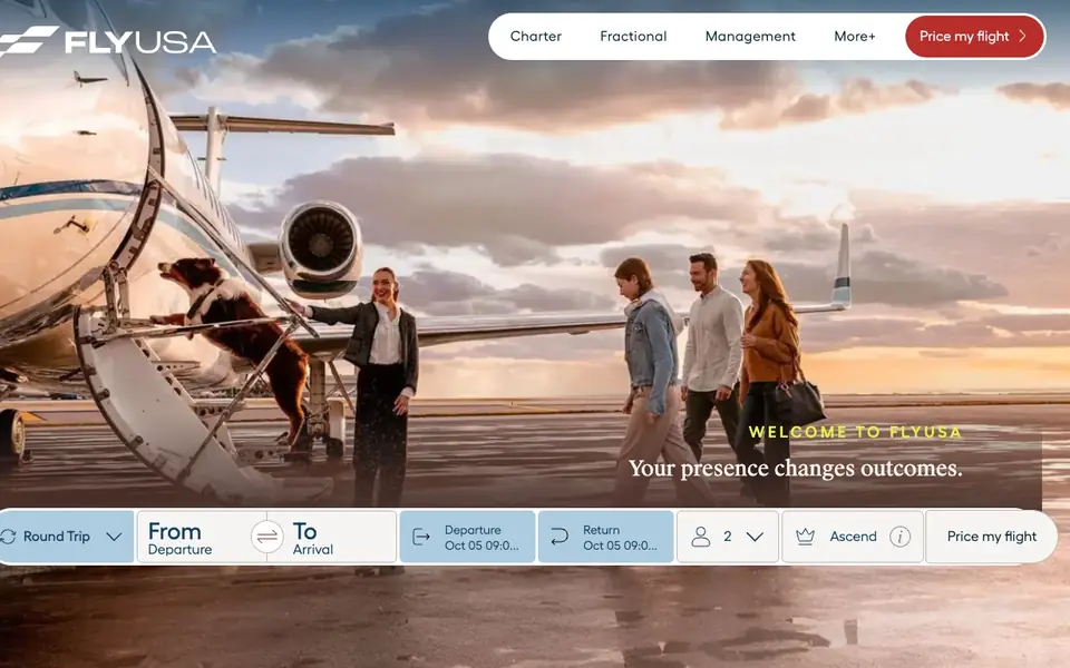 FlyUSA website homepage, 4 Oct 2026