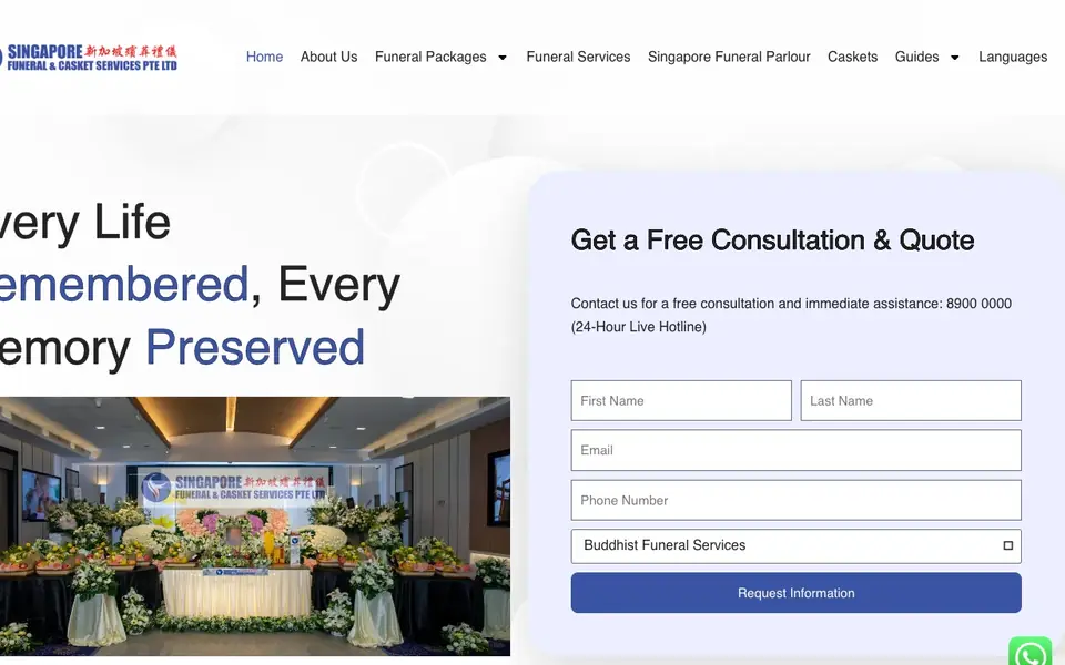 Singapore Funeral & Casket Services website homepage, 4 Oct 2026