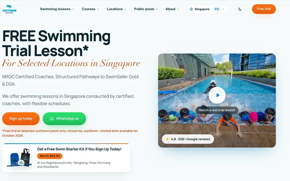 JustSwim Singapore website homepage, 4 Oct 2026