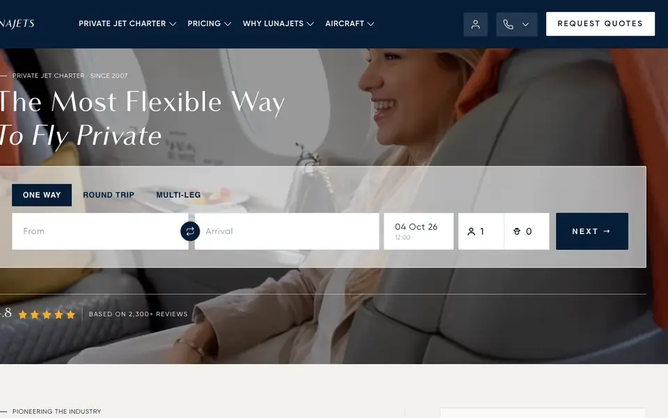 LunaJets website homepage, 4 Oct 2026