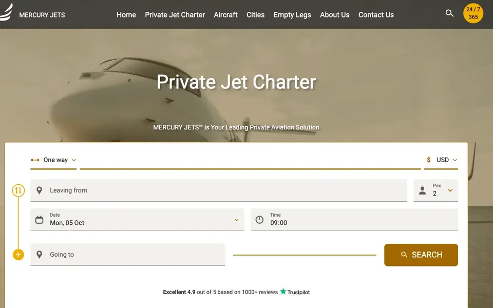 Mercury Jets website homepage, 4 Oct 2026