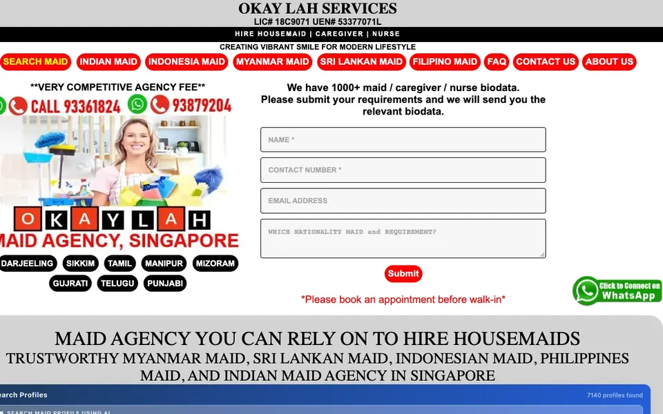 OkayLah Services Indian Maid Agency website homepage, 4 Oct 2026