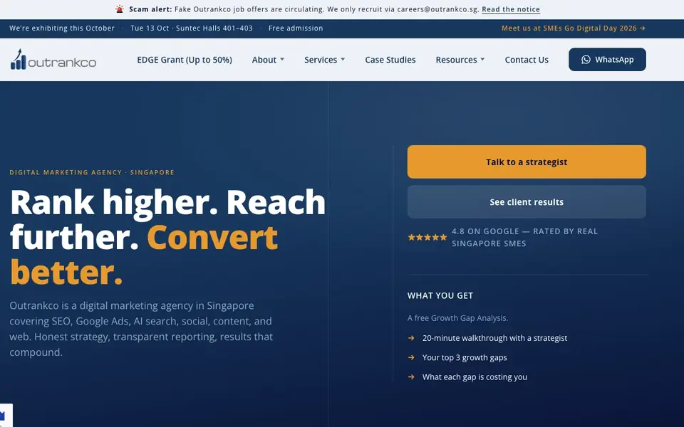 Outrankco SEO Singapore website homepage, 4 Oct 2026