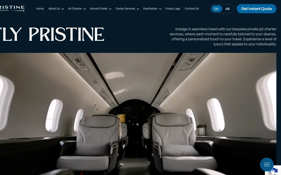 Pristine Jet Charter website homepage, 4 Oct 2026