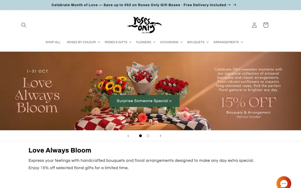 Roses Only Singapore website homepage, 4 Oct 2026