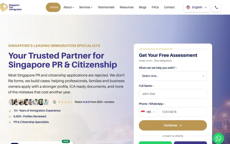 Singapore Top Immigration website homepage, 4 Oct 2026