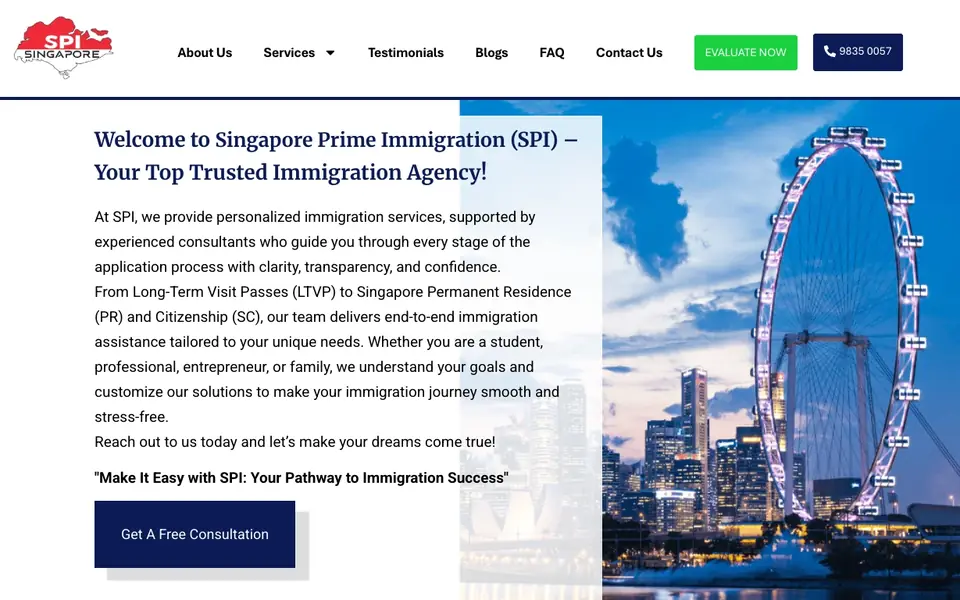 Singapore Prime Immigration Pte. Ltd. website homepage, 4 Oct 2026