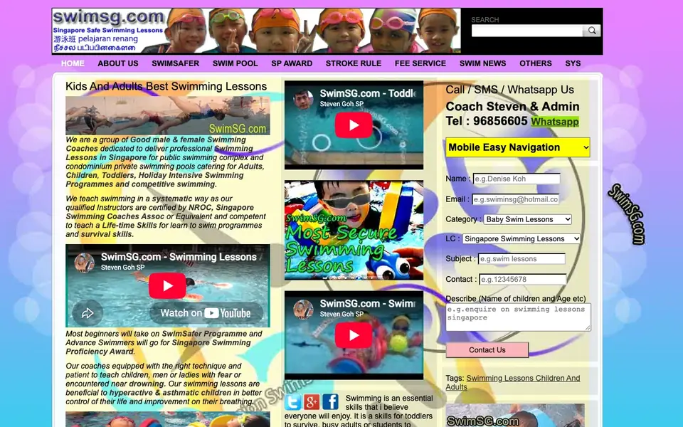 Singapore SwimSG Swimming Lessons website homepage, 4 Oct 2026